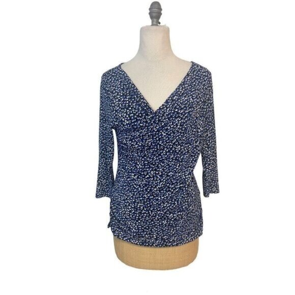 Vince Camuto Blue Black Print Stretch Top Large - Picture 1 of 4